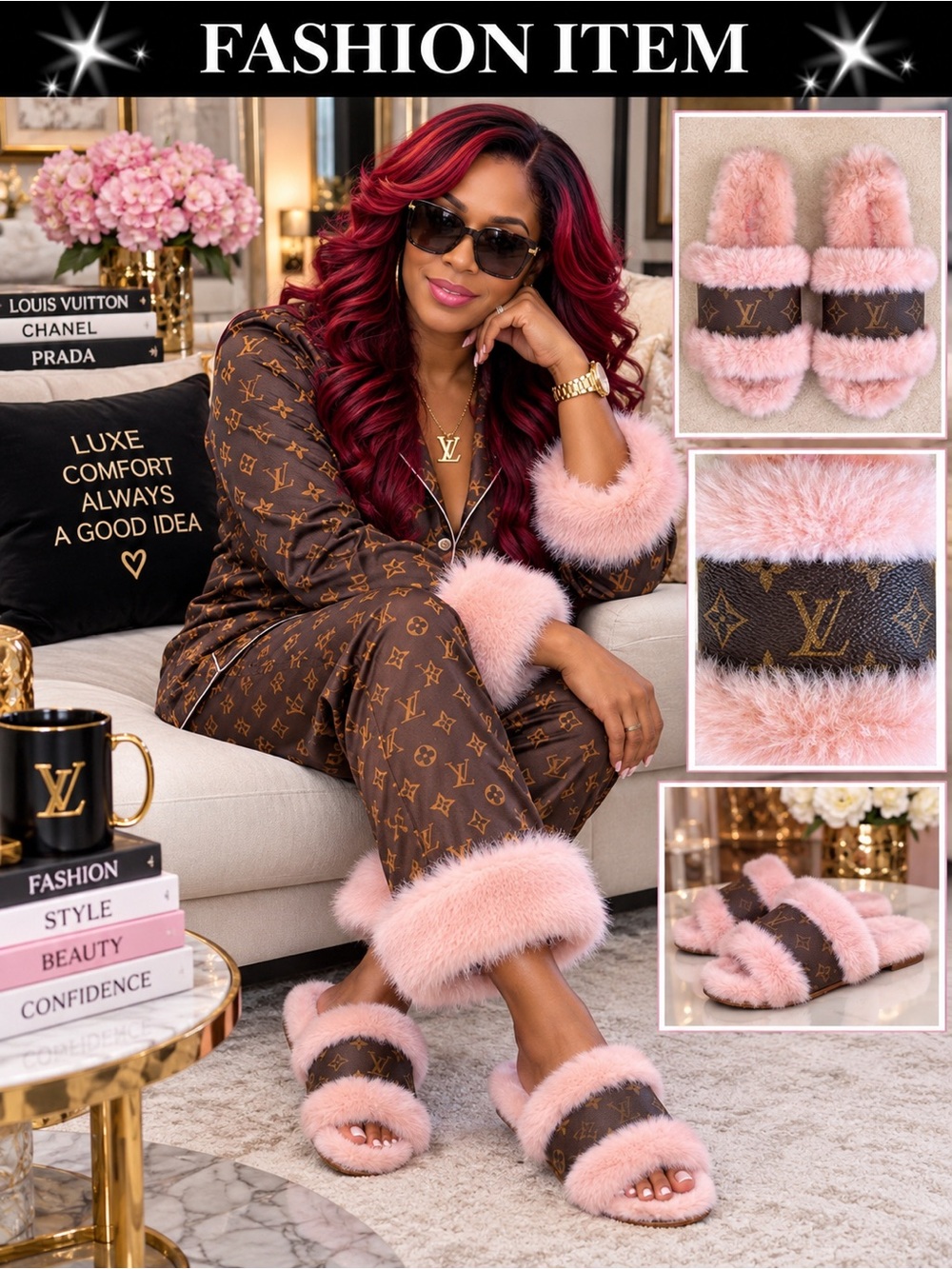 FLIP FLOOPS/SLIPPERS: Pink & Brown w/Faux Fur, EUC